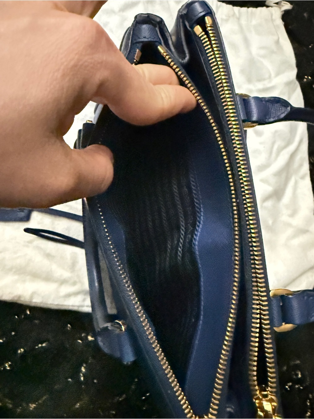 Prada Navy Saffiano Leather Double-Handle Satchel with Gold Hardware - Picture 13 of 16